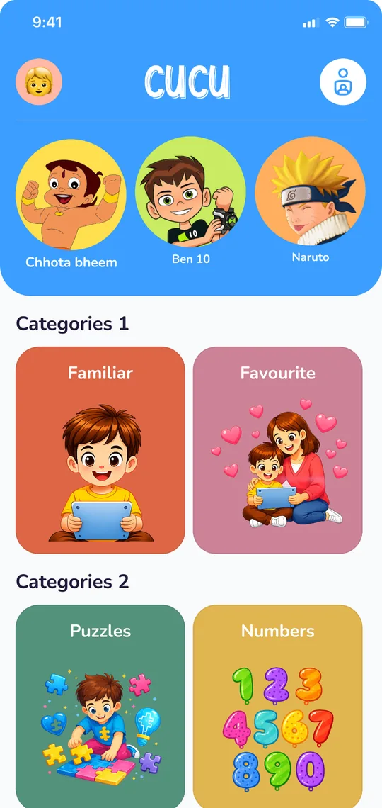 CuCu TV home screen with age-friendly video choices