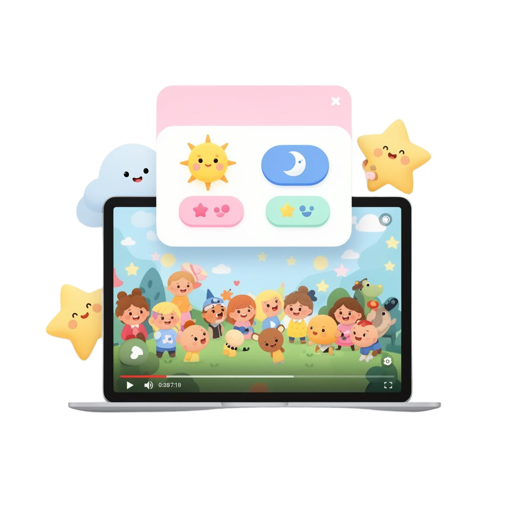 Tablet showing a kids cartoon paused with a friendly quiz popup